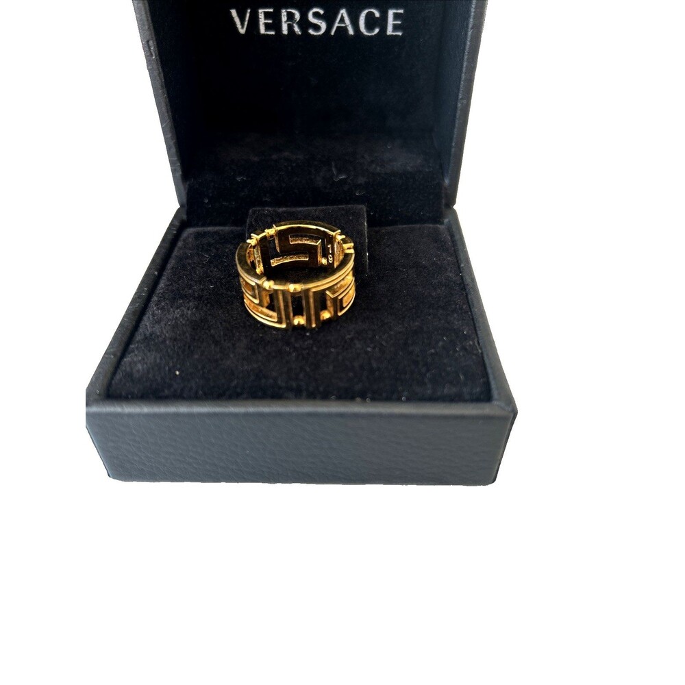 Versace Unisex Greca Greek Key Logo Gold Cut Out Band Ring Sz 19 / US 8.5